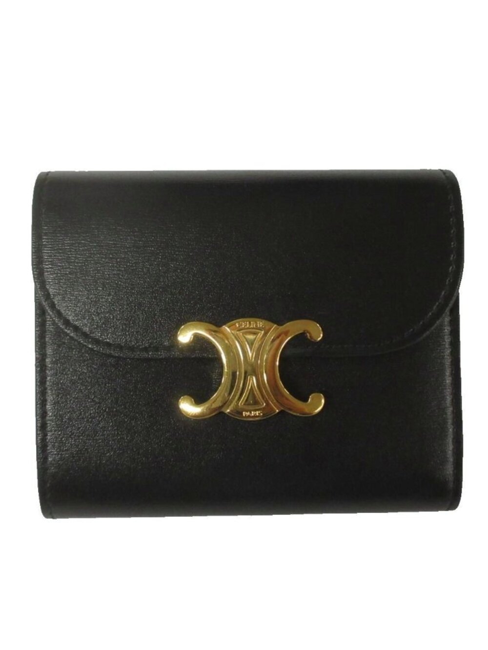 Celine Small Flap Wallet Triomphe Shiny Calfskin Trifold Black